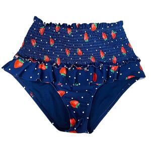 Unique Vintage Navy Shirred Strawberry Ruffled Bikini Bottom 1X NWOT